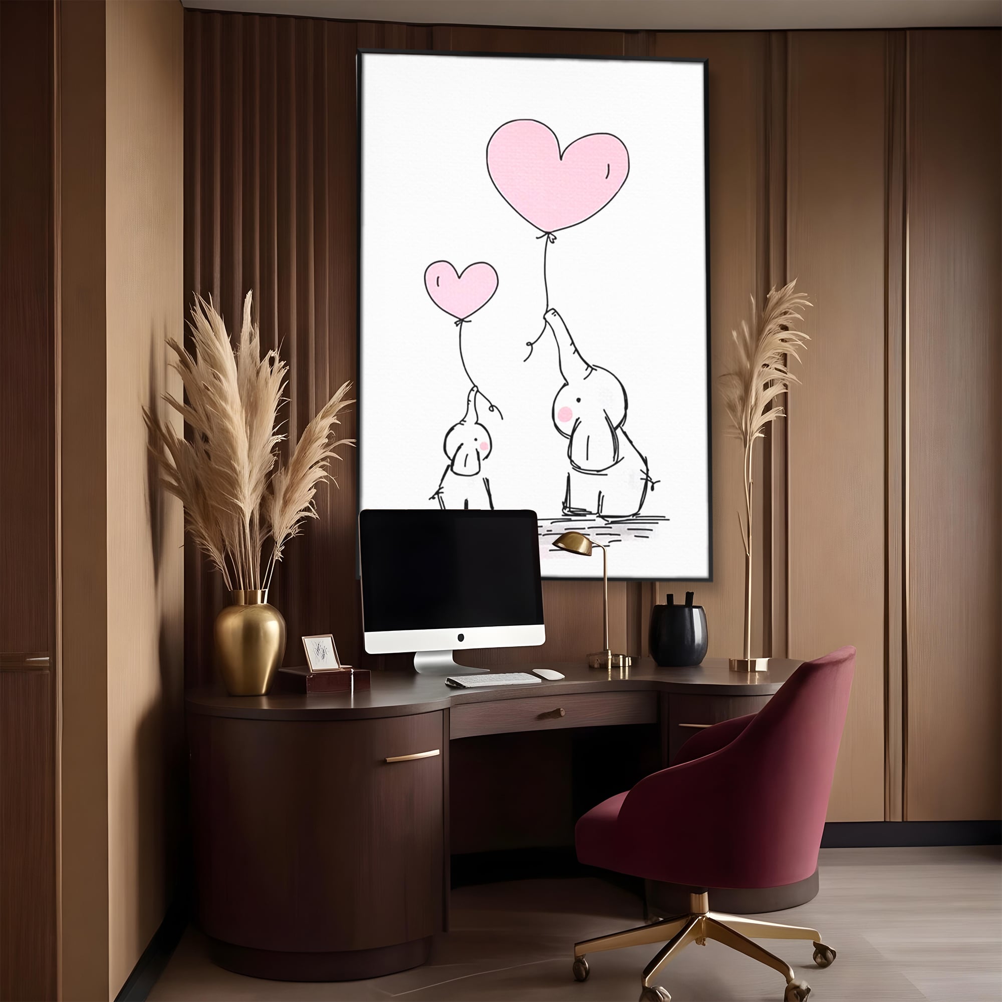 Tablou canvas cu ilustratie cu elefanti si baloane, in rama de aluminiu negru, pe perete intr-un birou